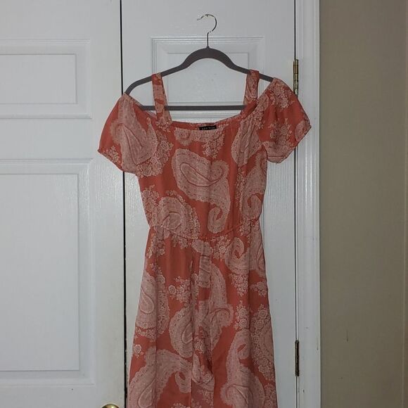 AS U Wish coral off the shoulder romper paisley maxi dress Sz L - Picture 3 of 7